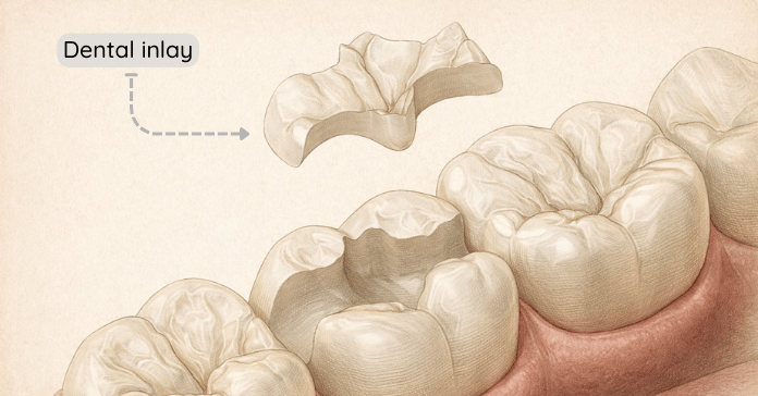 A dental inlay fits inside the chewing surface of a tooth to repair decay while preserving healthy outer tooth structure.