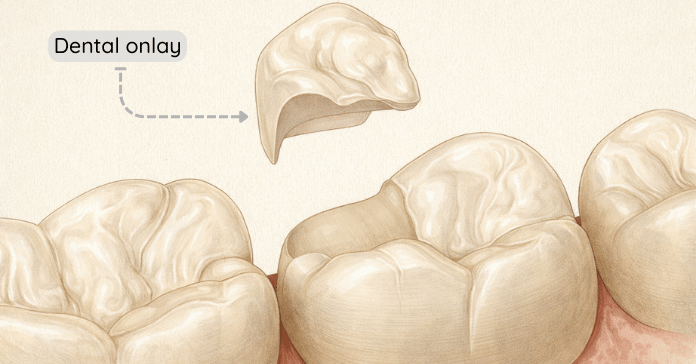 A dental onlay covers one or more cusps of a tooth to restore strength while preserving more natural tooth structure than a crown.