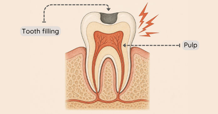 A detailed tooth cross section shows a dental filling placed near the pulp chamber, with highlighted nerves indicating pain sensitivity after the procedure.