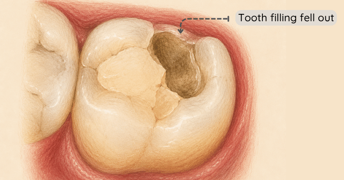 A close-up dental illustration shows a molar tooth after a tooth filling fell out and exposed the inner cavity area to bacteria and food debris.