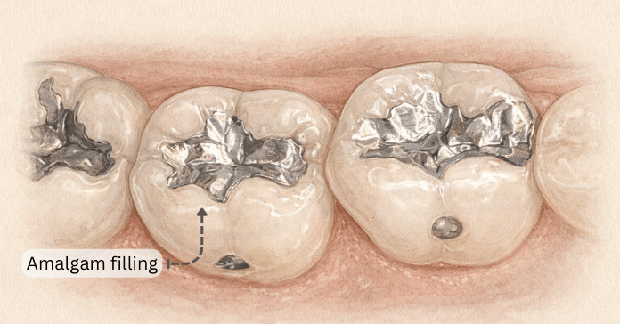 An illustration shows molar teeth restored with amalgam fillings that replace decayed areas and withstand strong chewing forces.