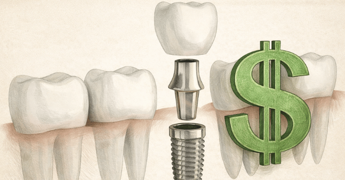 An illustration shows a dental implant post, abutment, and crown positioned between natural teeth with a large dollar symbol highlighting dental implant cost.