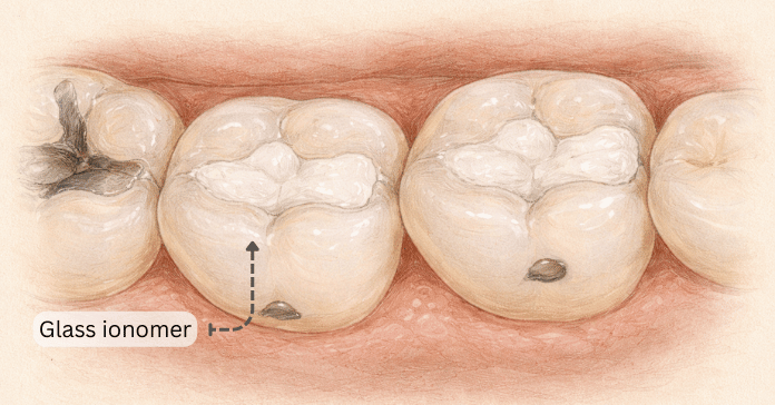 An illustration shows molar teeth restored with glass ionomer fillings that cover small cavities near the chewing surface.