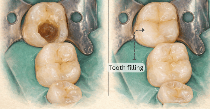 A comparison image shows a decayed tooth before treatment and the same tooth restored with a dental filling after treatment.