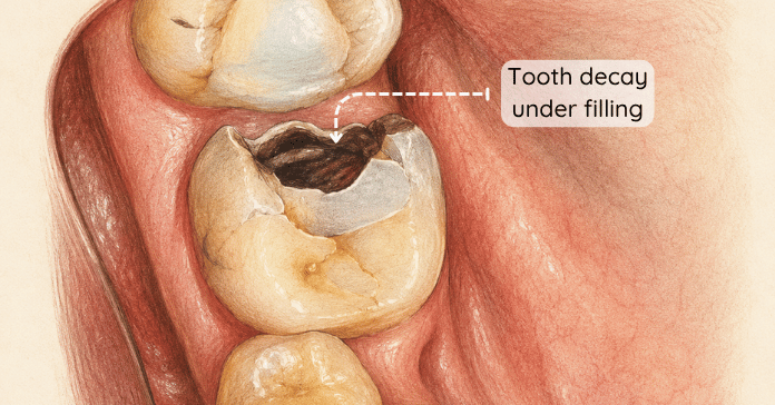 A detailed dental illustration shows tooth decay under a dental filling inside a molar tooth where bacteria have damaged the remaining tooth structure.