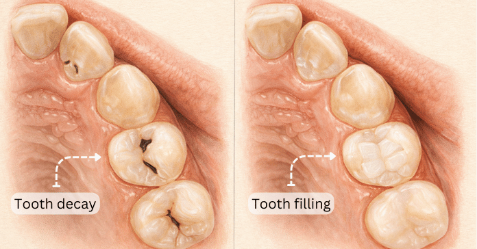 A comparison image shows a decayed tooth before treatment and the same tooth restored with a dental filling after treatment.