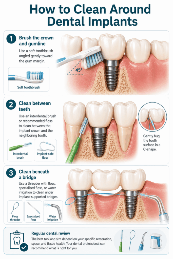 Proper brushing, interdental cleaning, and bridge cleaning techniques around fixed tooth restorations.