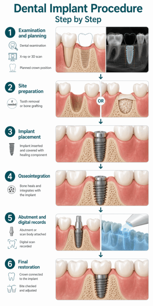Step-by-step dental implant procedure showing examination, site preparation, implant placement, healing, abutment placement, and crown restoration.
