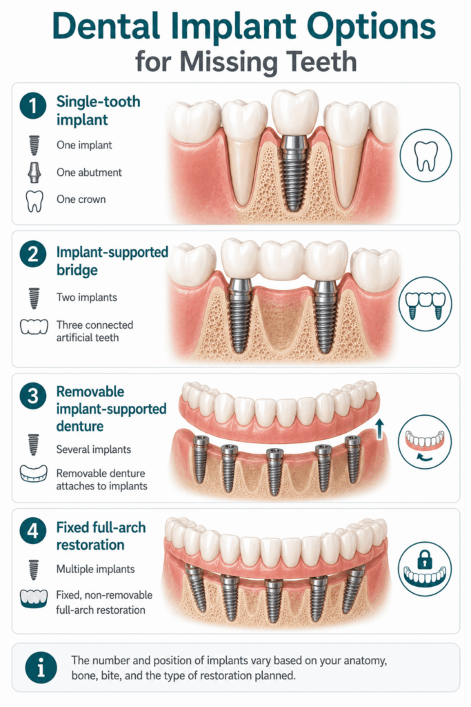 Comparison of single implant, implant-supported bridge, removable implant-supported denture, and fixed full-arch restoration.