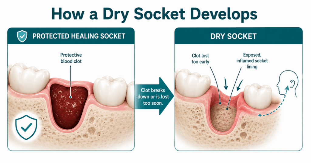 Two-panel dental diagram showing a protected extraction socket and dry socket after early blood clot loss