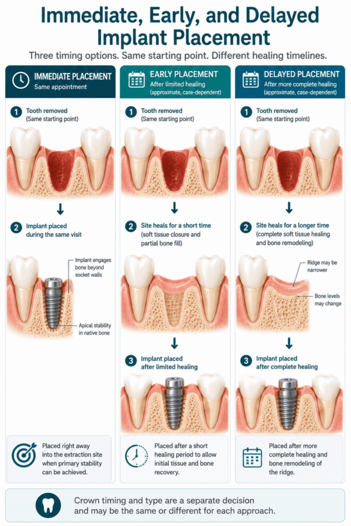 Comparison of immediate, early, and delayed placement after tooth extraction.