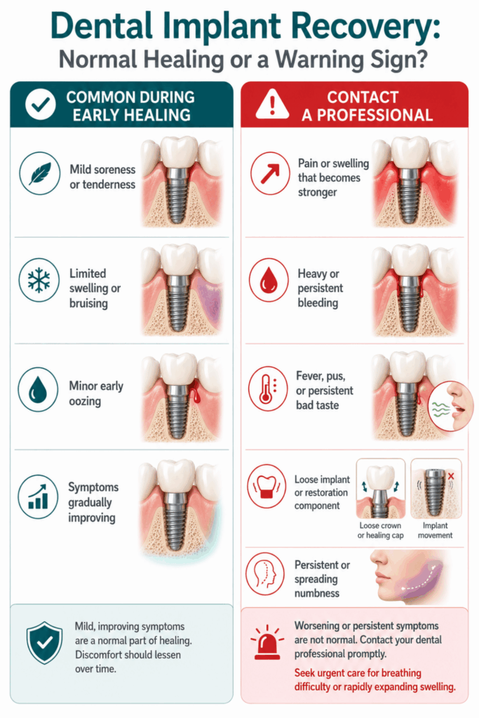 Comparison of normal healing symptoms and warning signs after implant surgery.