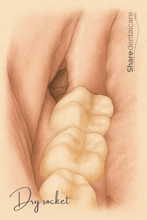 Detailed medical illustration showing dry socket with exposed bone after tooth extraction.