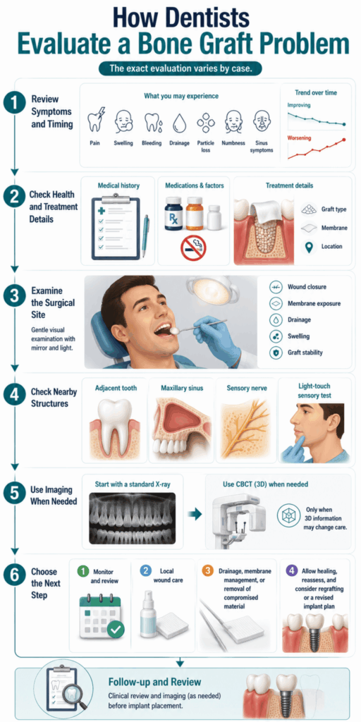 Six-step bone graft evaluation process covering symptoms, health history, examination, imaging, treatment, and follow-up.