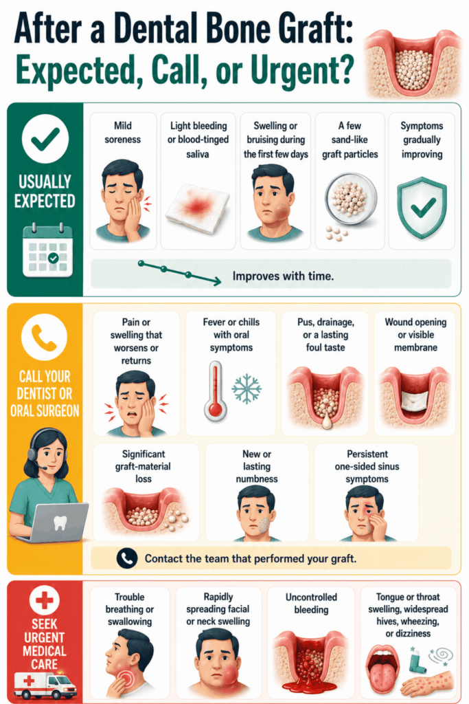 Post-bone-graft symptom chart separating expected recovery, dental warning signs, and medical emergencies.