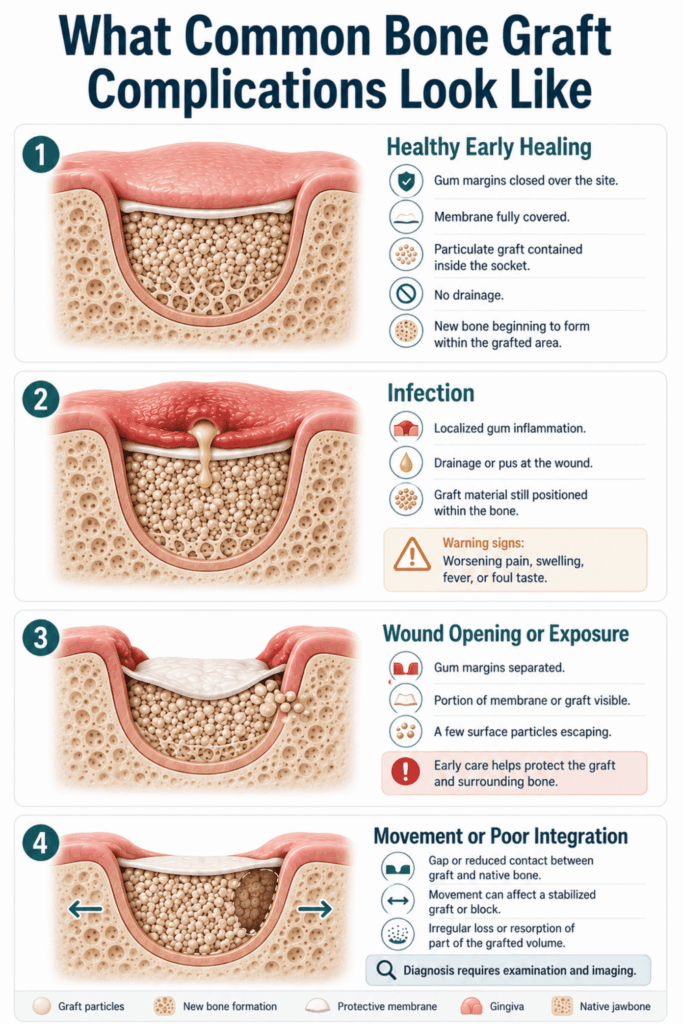 Dental bone graft complications diagram showing healthy healing, infection, wound exposure, and poor integration.