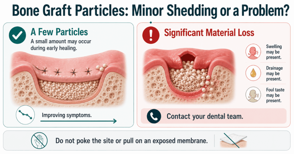 Comparison of a few loose graft particles with significant material loss, swelling, drainage, and foul taste.