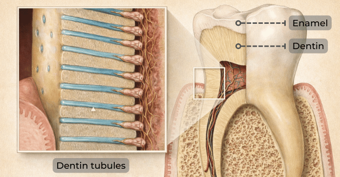 Detailed view of dentin tubules beneath the enamel showing microscopic channels that transmit temperature and pain signals to the tooth nerve.