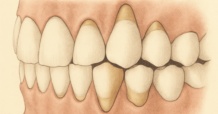 Gum recession exposing the tooth root and uneven gum line around the teeth.