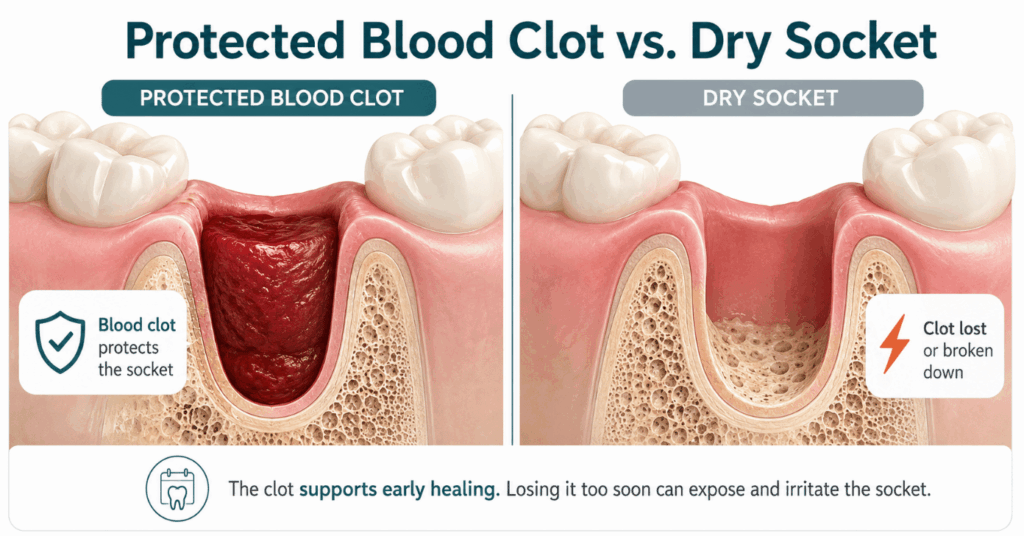 Side-by-side cutaway comparing a socket protected by a blood clot with exposed bone in a dry socket.