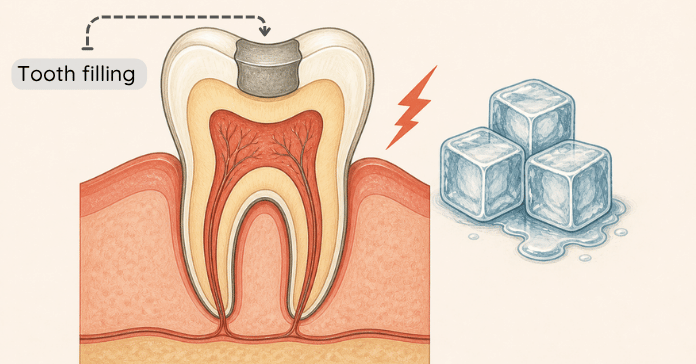 A cross section of a tooth with a filling shows exposed dentin and nerve pathways reacting to cold stimuli represented by ice cubes and a pain signal.