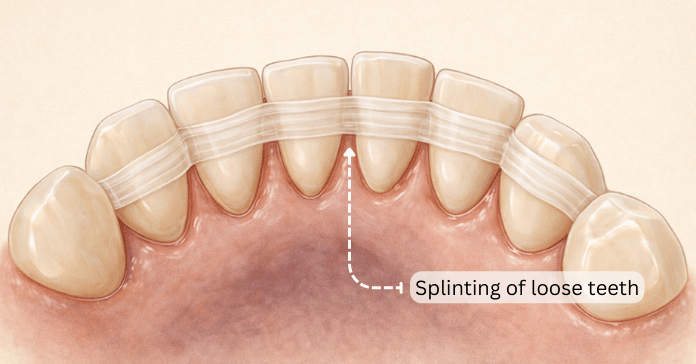 A detailed dental illustration shows splinting used to stabilize a loose tooth in adult by connecting it to neighboring teeth for added support.