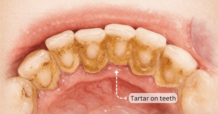 A close-up dental image shows tartar buildup along the gumline and around the teeth.