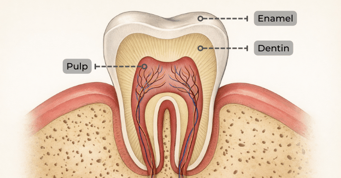 A detailed cross section of a tooth shows enamel dentin and pulp with visible nerve tissue inside the root canals.