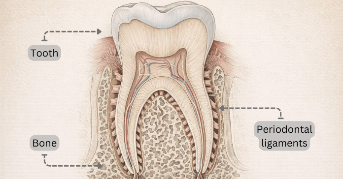 A cross section dental illustration shows a tooth, surrounding bone, and periodontal ligaments that hold the tooth in place.
