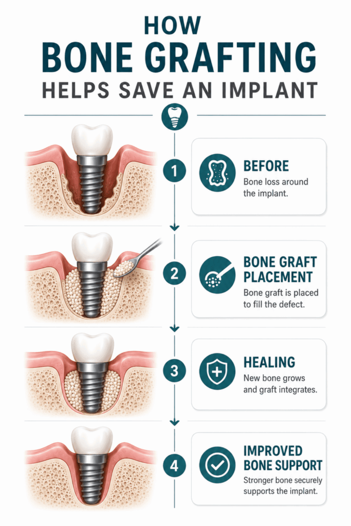 Step-by-step infographic showing bone graft placement around a dental implant, healing, and improved bone support after bone loss.