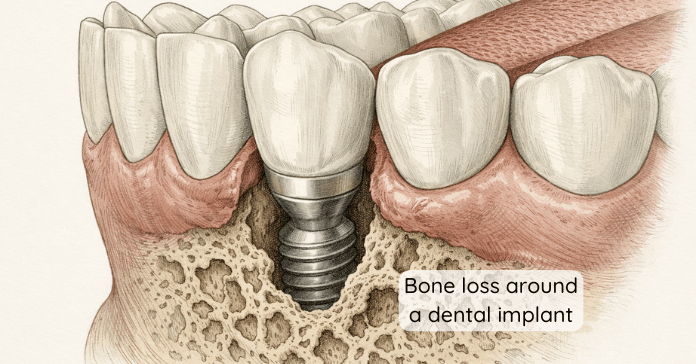 A detailed dental illustration shows bone loss around a dental implant, with visible gaps between the implant threads and the surrounding jawbone.