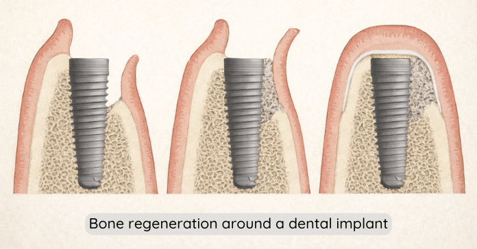 A clinical illustration shows stages of bone regeneration around a dental implant as new bone forms and stabilizes the implant within the jaw.