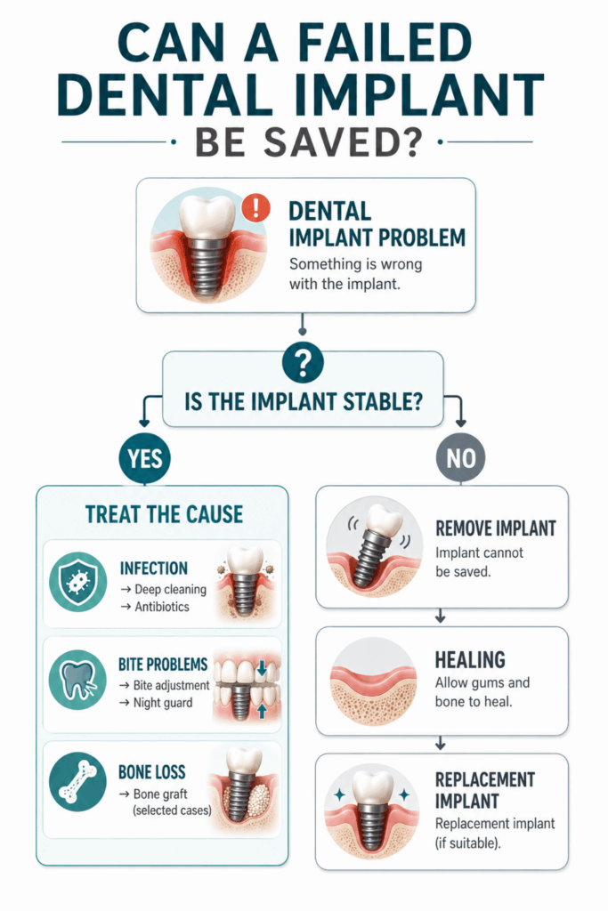 Decision tree showing treatment options for a damaged implant based on stability and surrounding bone support.