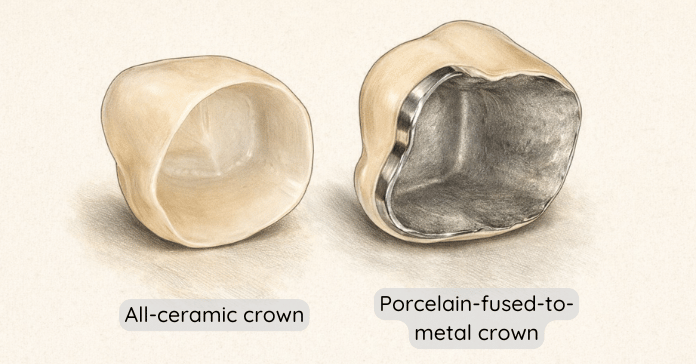 A dental illustration shows an all-ceramic crown next to a porcelain-fused-to-metal crown with a visible metal interior.