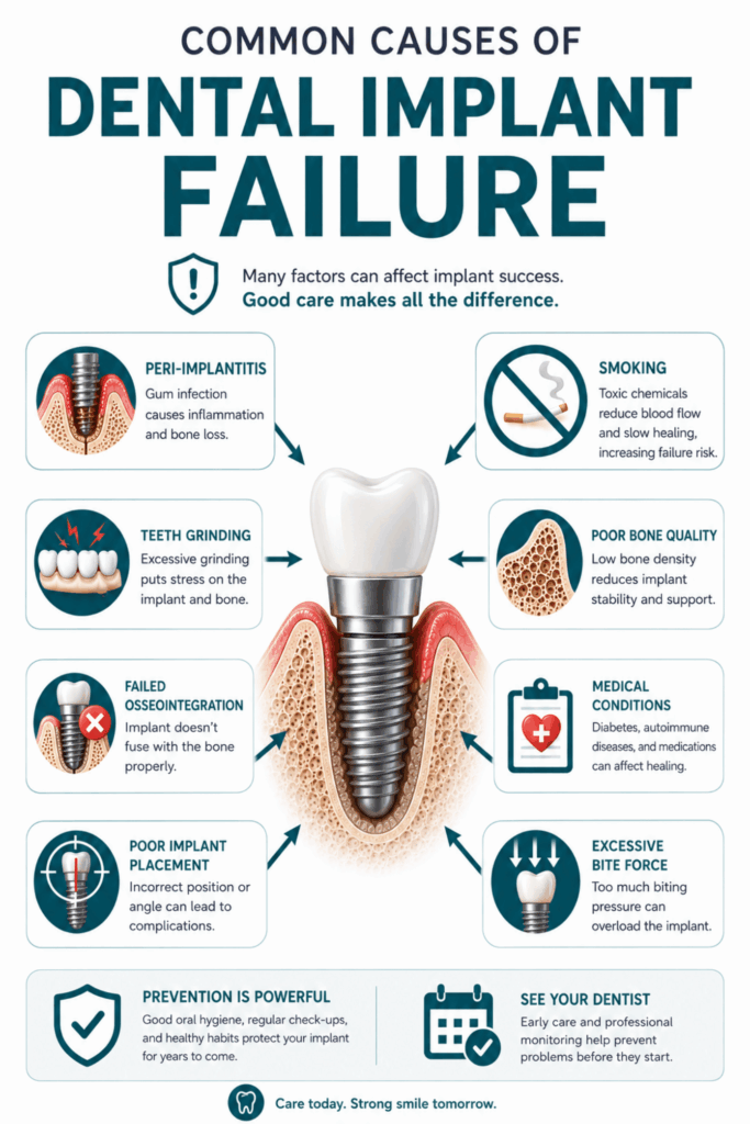 Infographic illustrating common causes of dental implant failure, including peri-implantitis, smoking, poor bone quality, failed osseointegration, excessive bite force, and improper implant placement.