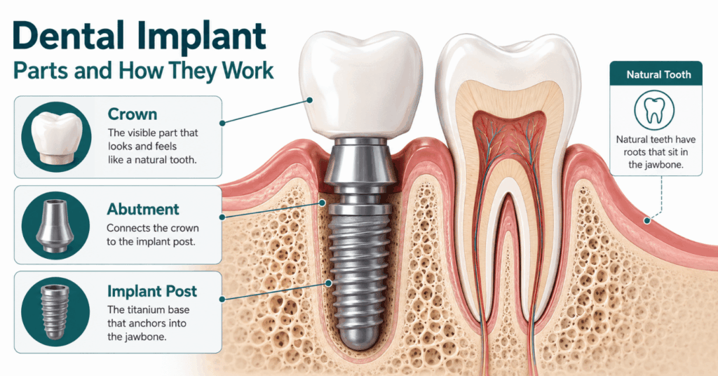 Cross-section labeling the dental implant crown, abutment, and implant post beside a natural tooth