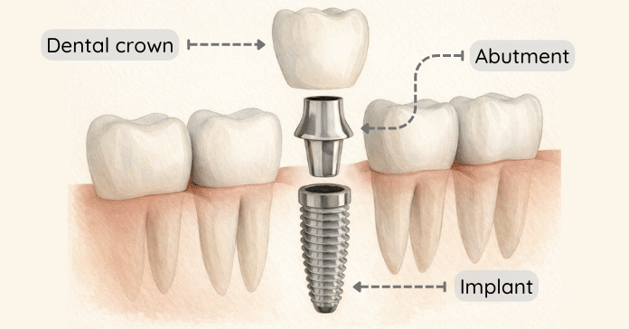 A dental illustration shows a dental crown positioned above an abutment and titanium implant embedded in the jawbone.