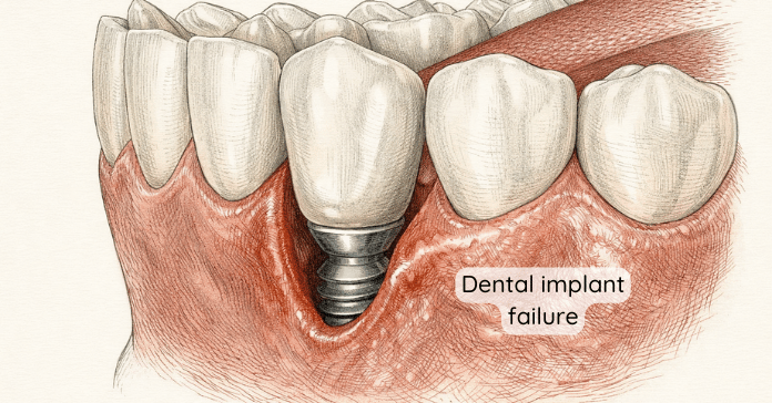 A simple graphic icon shows a tooth attached to a dental implant screw symbolizing dental implant failure.