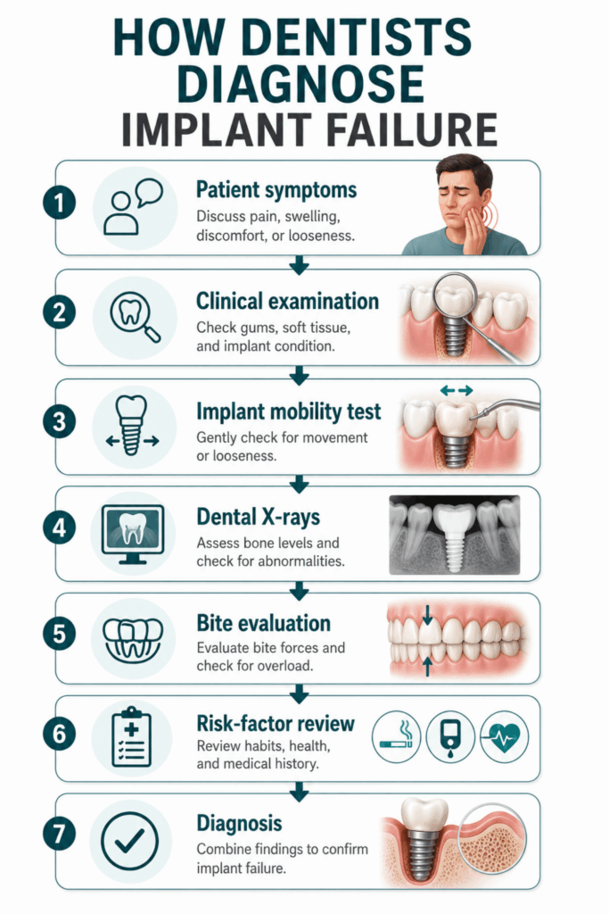 Step-by-step diagram showing how dentists evaluate implant mobility, X-rays, bite forces, and patient symptoms.