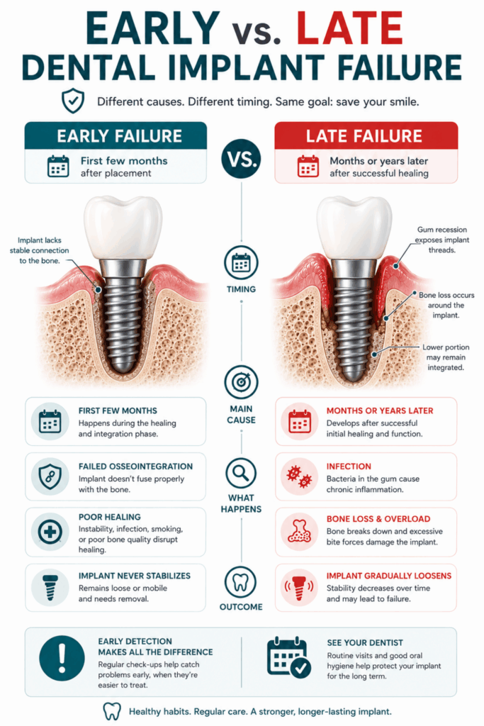 Comparison infographic showing early and late implant complications, including healing problems, bone loss, and infection.