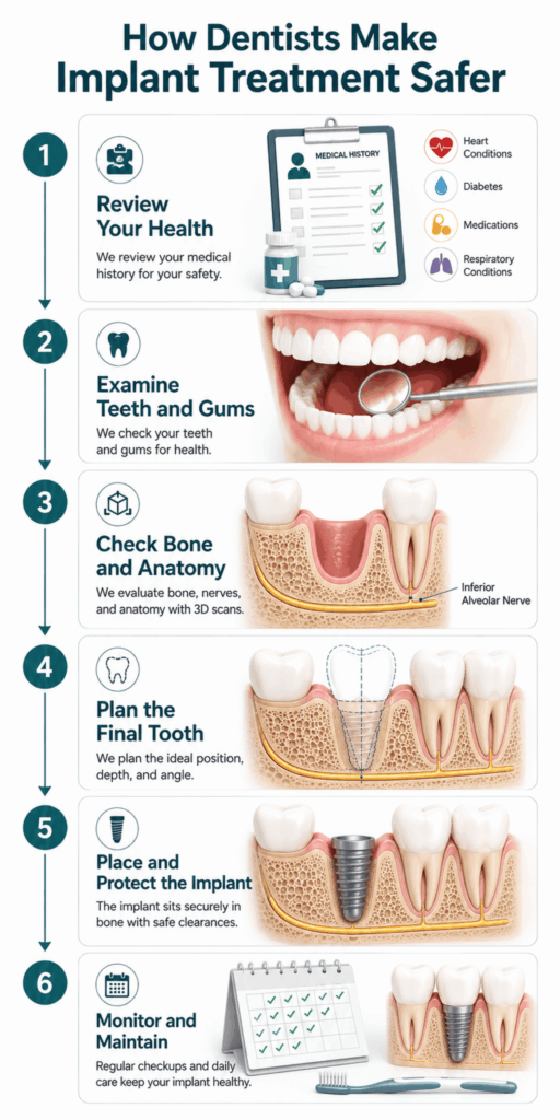 Safe dental implant treatment process covering health checks, 3D planning, placement, and maintenance