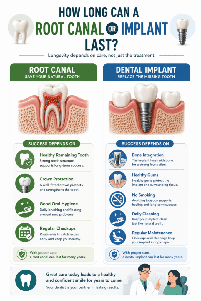 Comparison infographic showing factors that influence the long-term success of root canals and dental implants.