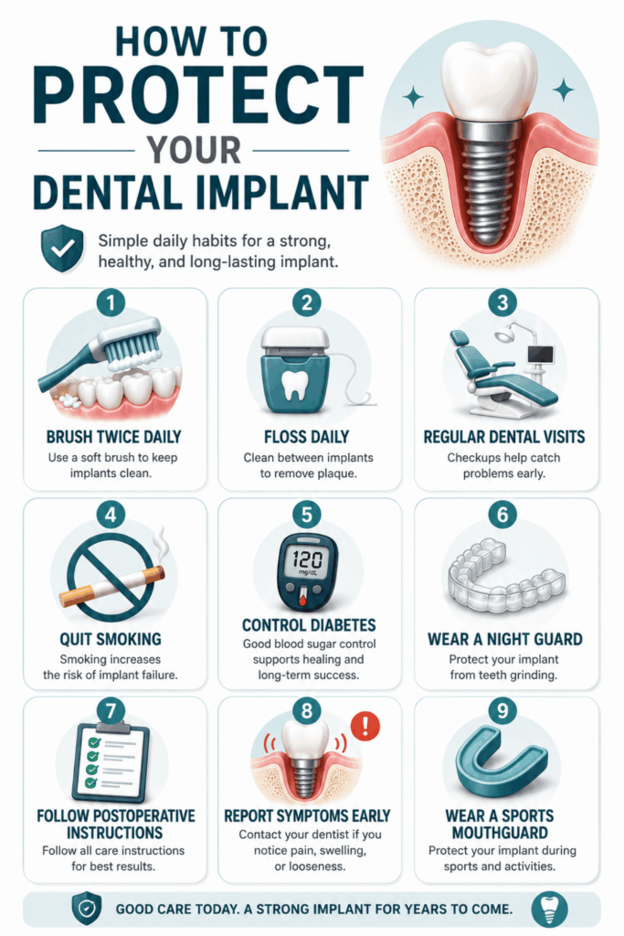 Checklist infographic showing daily habits that help prevent dental implant failure, including brushing, flossing, dental visits, quitting smoking, and wearing protective appliances.
