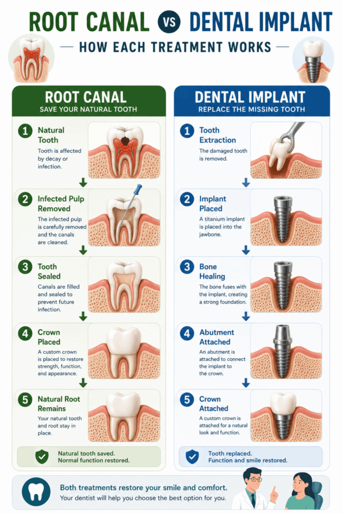 Step-by-step infographic comparing root canal treatment with a dental implant procedure from diagnosis to final restored tooth.