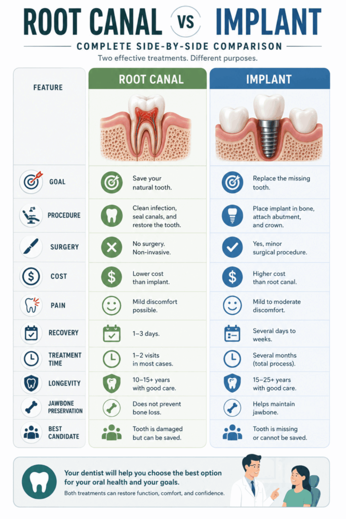 Side-by-side comparison table showing differences between root canal treatment and dental implants, including cost, recovery, surgery, and longevity.