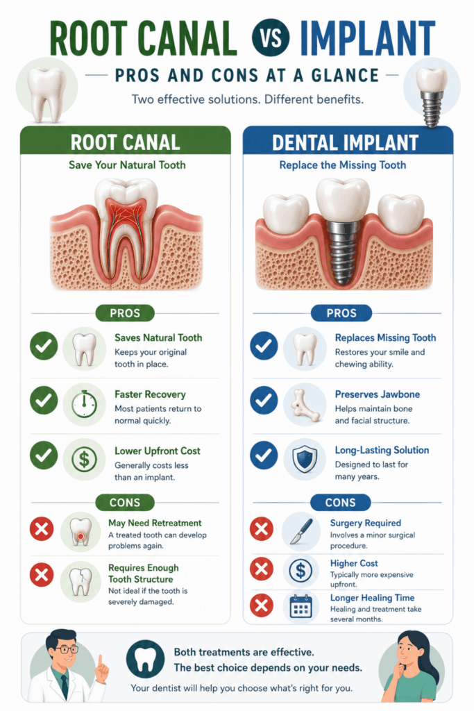 Comparison infographic listing the advantages and disadvantages of root canal treatment and dental implants.
