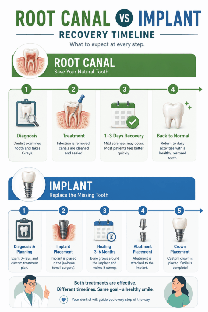 Timeline infographic comparing recovery and treatment stages for root canal therapy and dental implant placement.