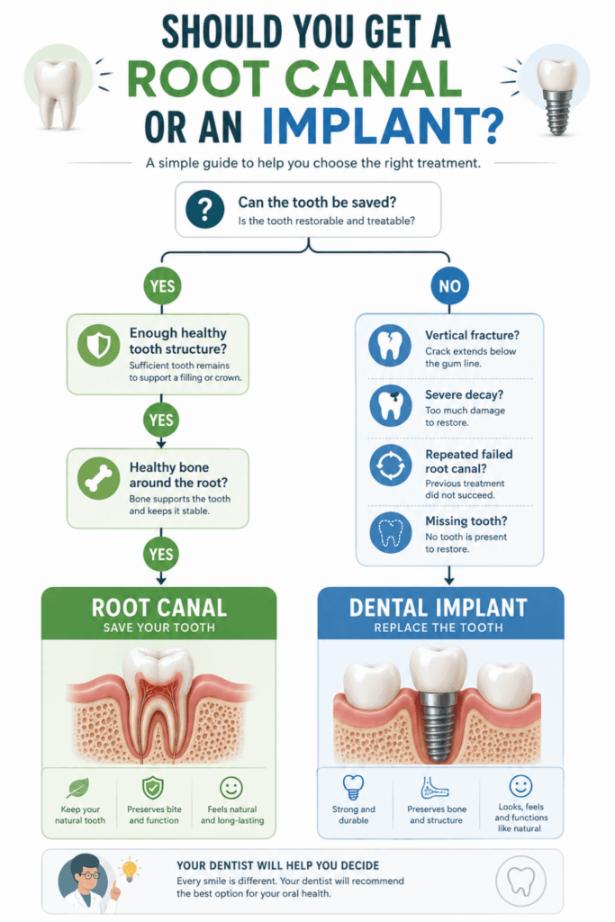 Decision tree showing when dentists recommend a root canal or a dental implant based on tooth condition and restorability.