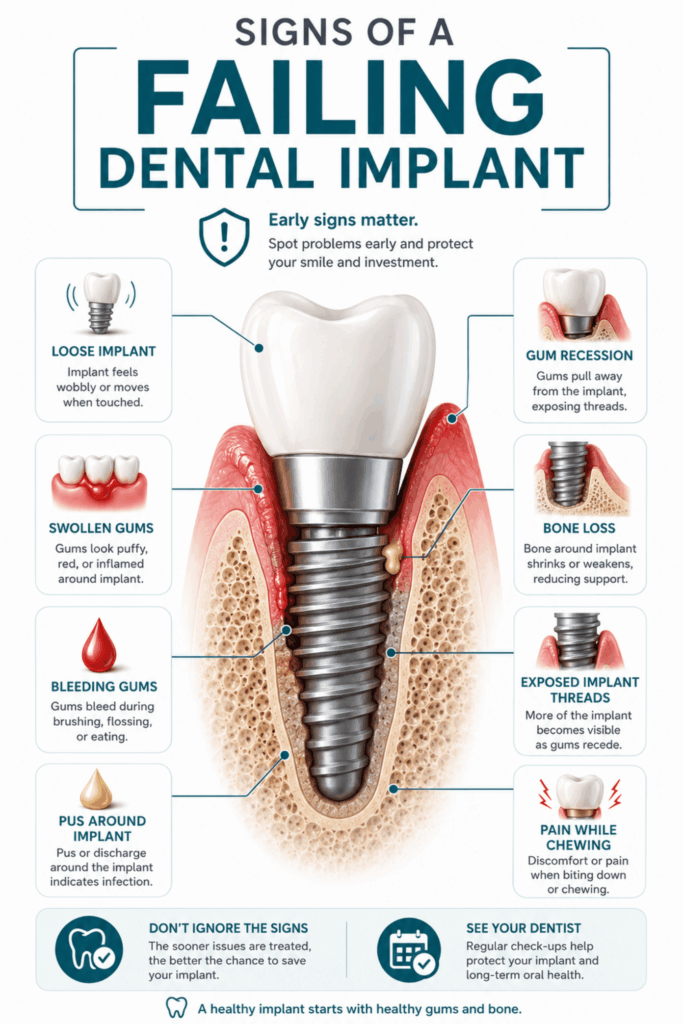 Infographic showing common dental implant failure signs, including loose implant, swollen gums, bleeding, bone loss, gum recession, and pain while chewing.