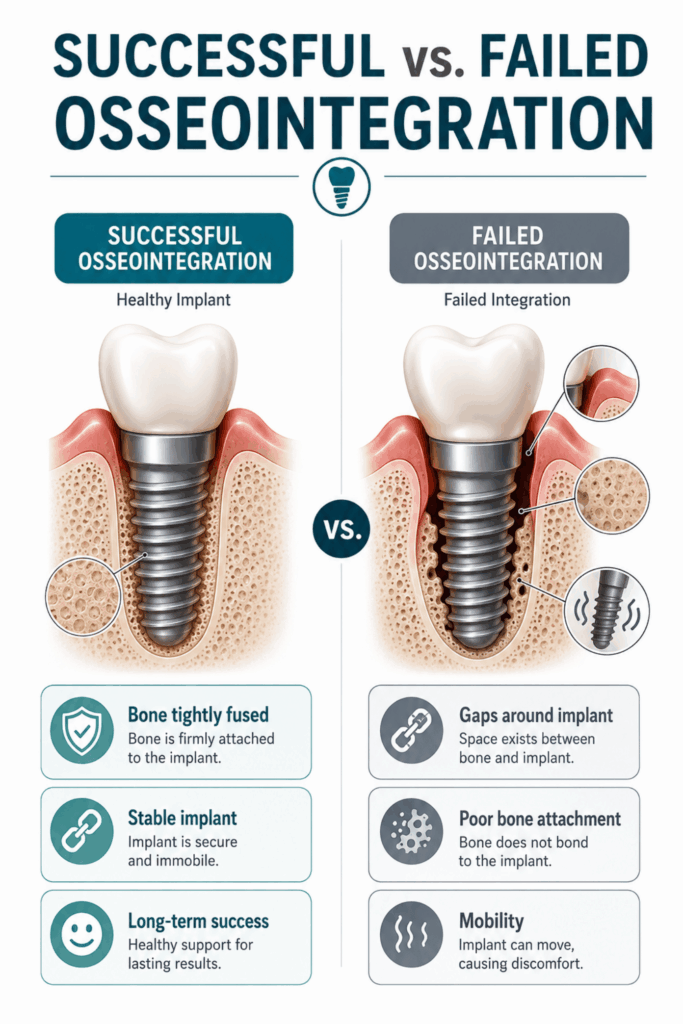 Comparison infographic showing successful and failed osseointegration with differences in bone attachment, implant stability, surrounding bone, and mobility.